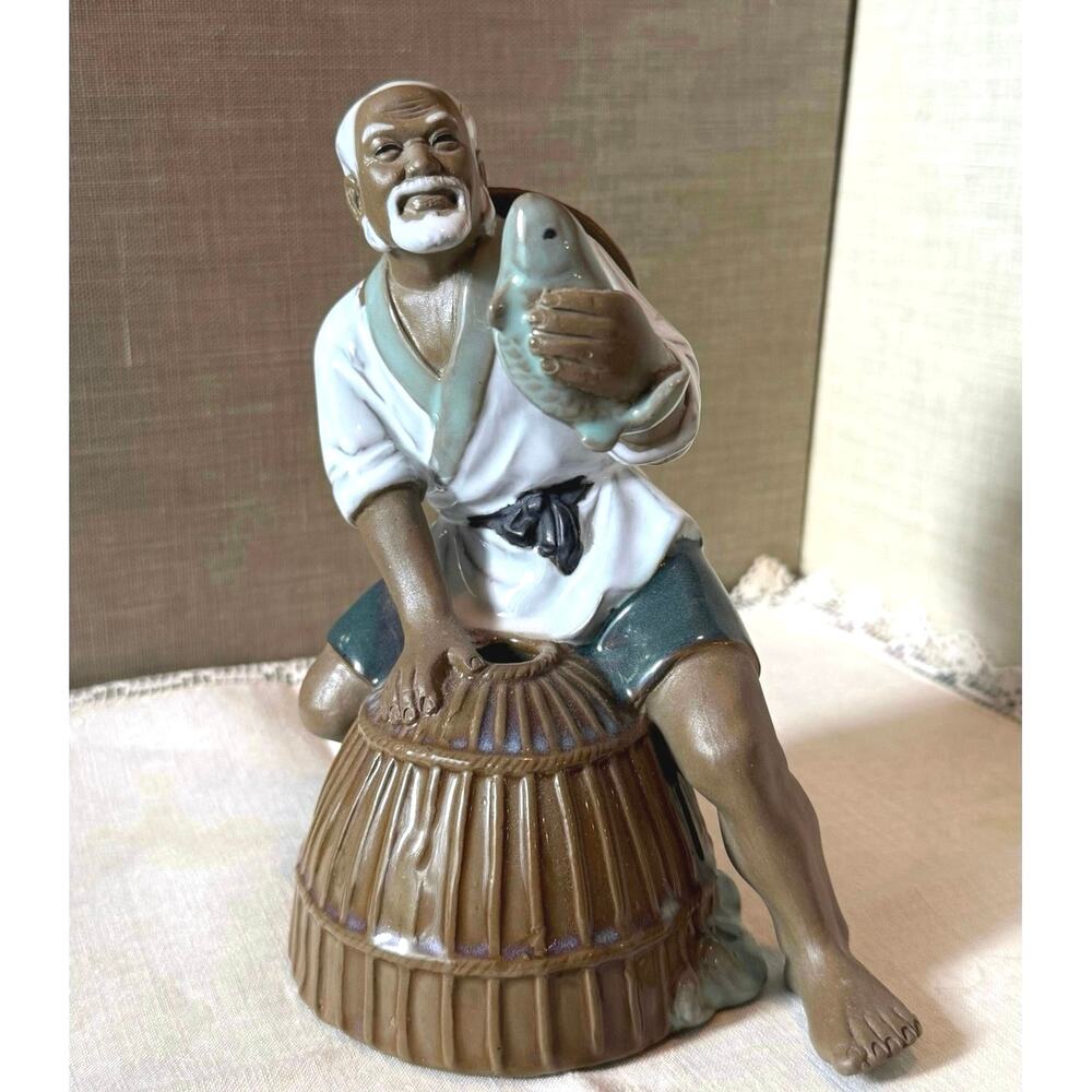 Large Shiwan Mud Man Figurine • Fisherman with Fish